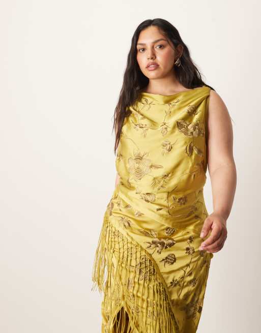 ARRANGE Curve embroidered satin drape midi dress with fringe in olive green
