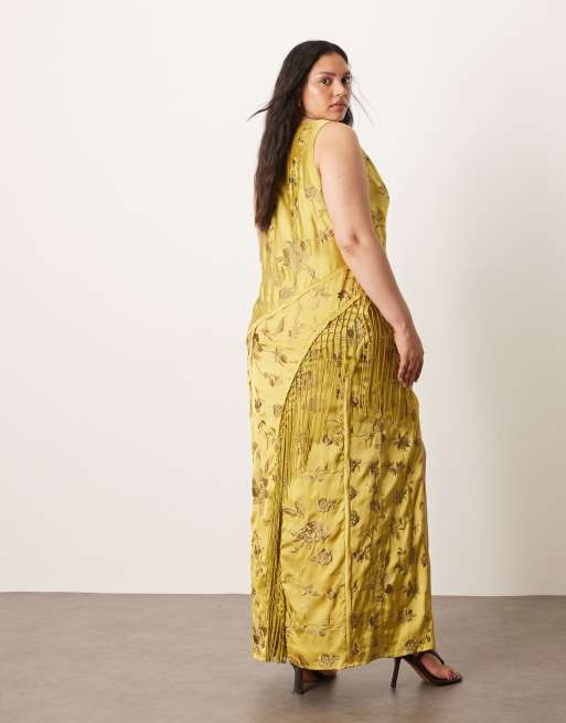 ARRANGE Curve embroidered satin drape midi dress with fringe in olive green