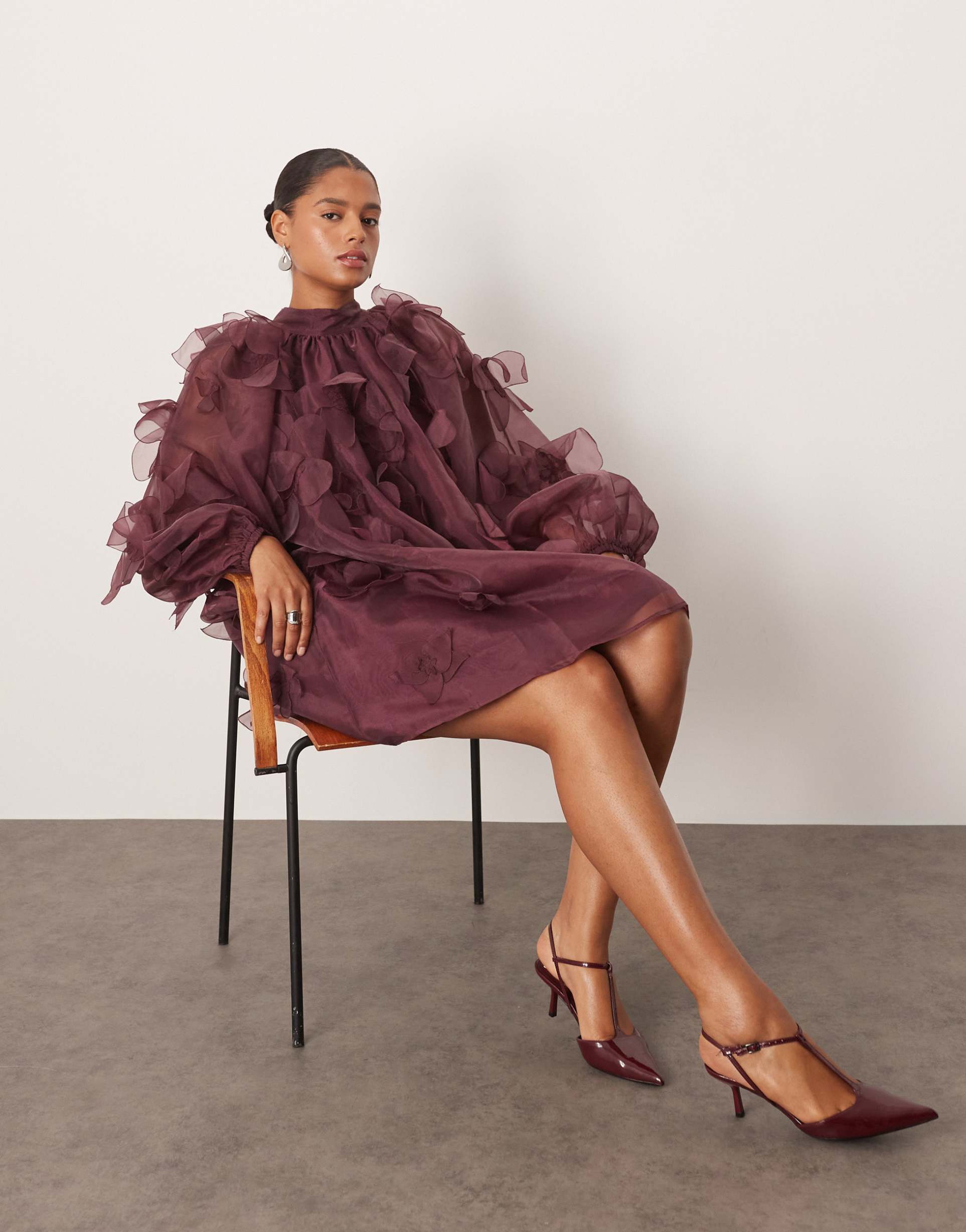 arrange curve exclusive applique organza floral high neck trapeze mini dress in plum