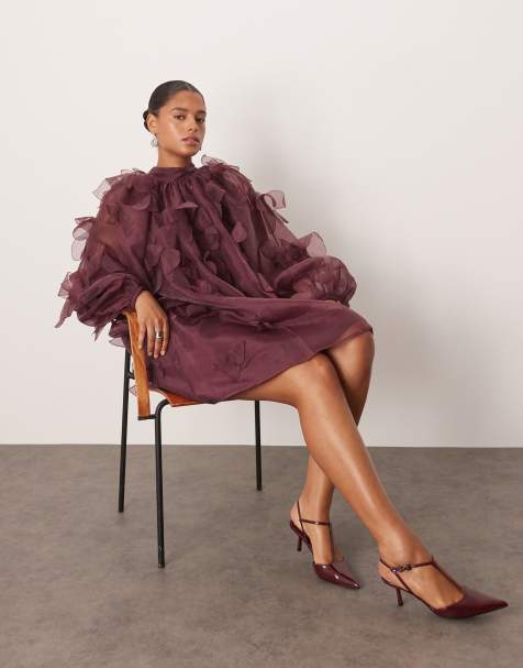 ARRANGE Curve exclusive applique organza floral high neck trapeze mini dress in plum