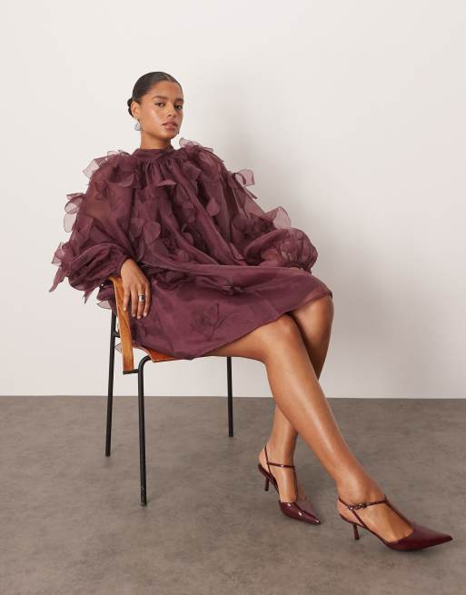 ARRANGE Curve exclusive applique organza floral high neck trapeze mini dress in plum