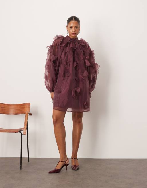 ARRANGE Curve - Exclusivité - Robe trapèze courte en organza avec col montant et appliqués fleuris - Prune, 2 de 4