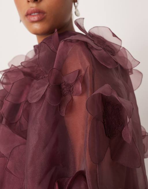 ARRANGE Curve - Exclusivité - Robe trapèze courte en organza avec col montant et appliqués fleuris - Prune, 3 de 4