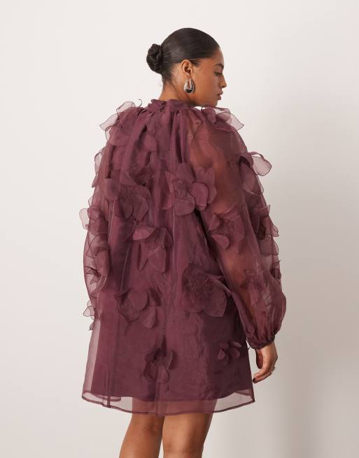 ARRANGE Curve - Exclusivité - Robe trapèze courte en organza avec col montant et appliqués fleuris - Prune, 4 de 4