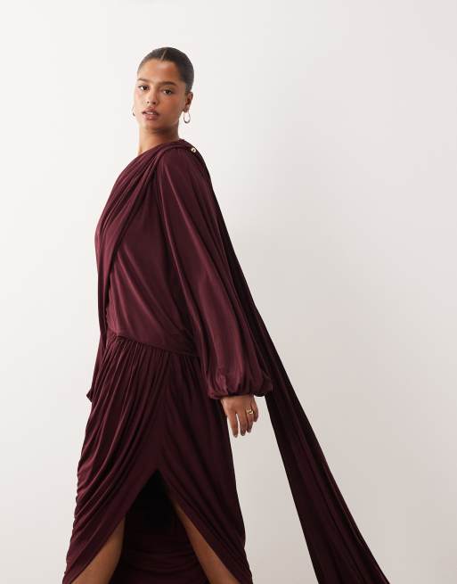 ARRANGE Curve fallen shoulder draped midi dress with train in burgundy