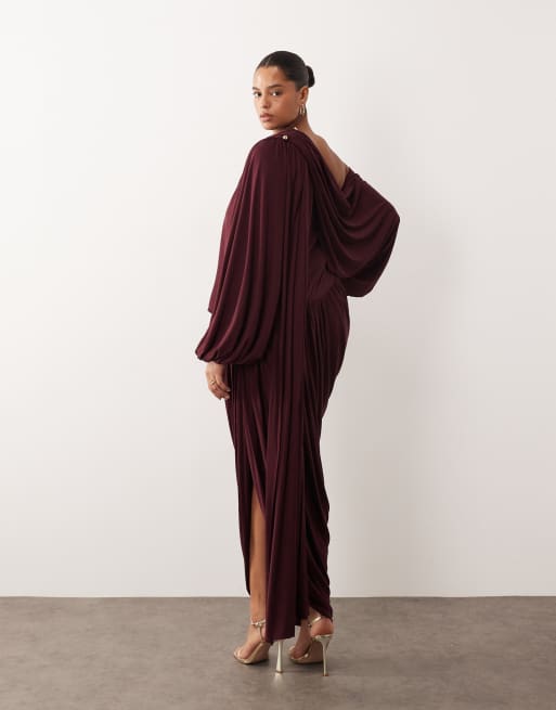 ARRANGE Curve fallen shoulder draped midi dress with train in burgundy