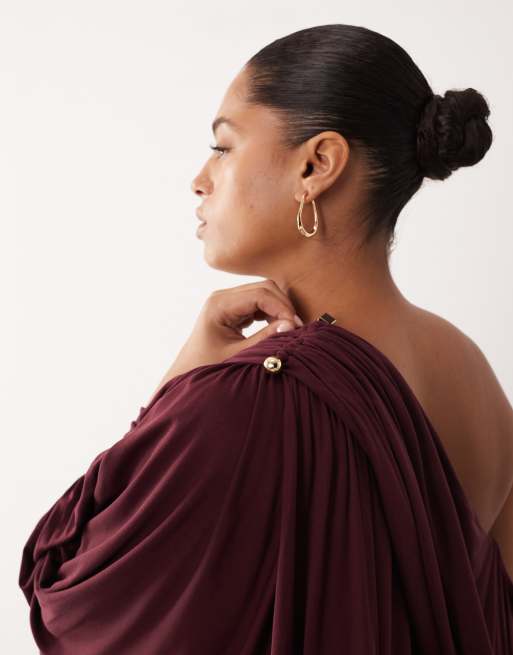 ARRANGE Curve fallen shoulder draped midi dress with train in burgundy