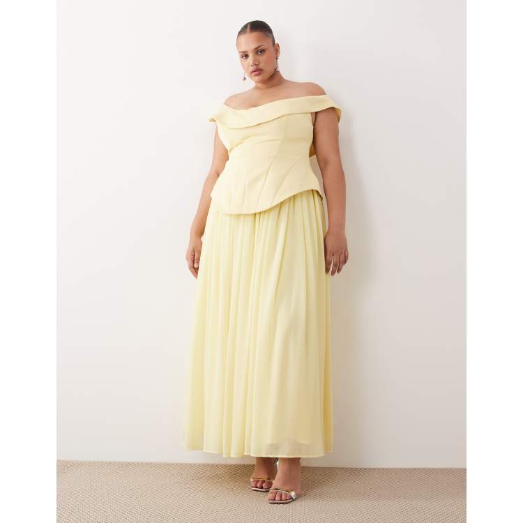 ARRANGE Curve fallen shoulder structured maxi dress with full skirt in  lemon yellow | ASOS