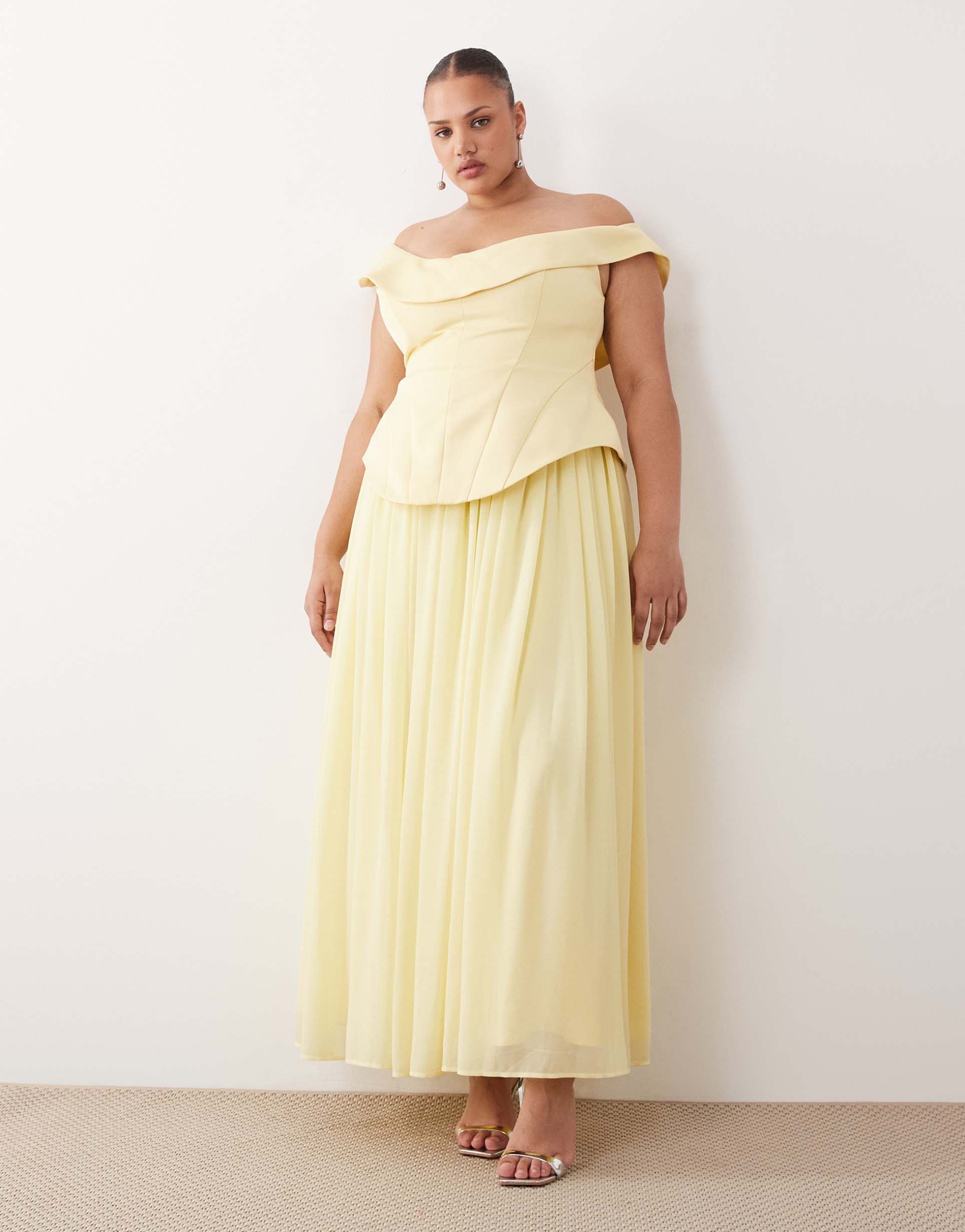 arrange curve fallen shoulder structured maxi dress with full skirt in lemon yellow