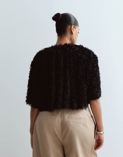 ARRANGE Curve faux feather trapeze t-shirt in black, 3 of 4
