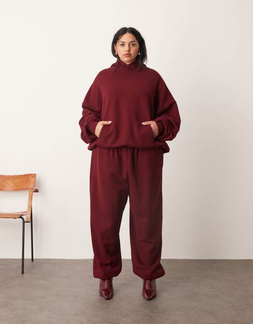 ARRANGE Curve - Felpa con cappuccio e joggers oversize premium pesanti con fondo elasticizzato color merlot