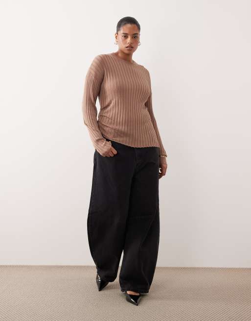 ARRANGE Curve fine rib long sleeve knit top in mocha, 2 of 4