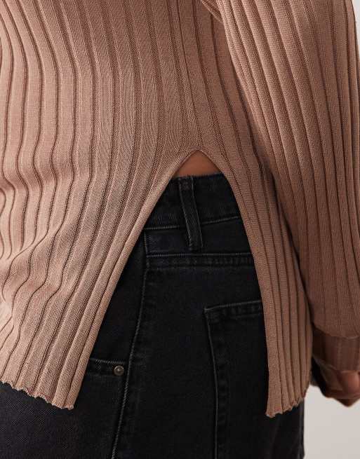 ARRANGE Curve fine rib long sleeve knit top in mocha, 3 of 4