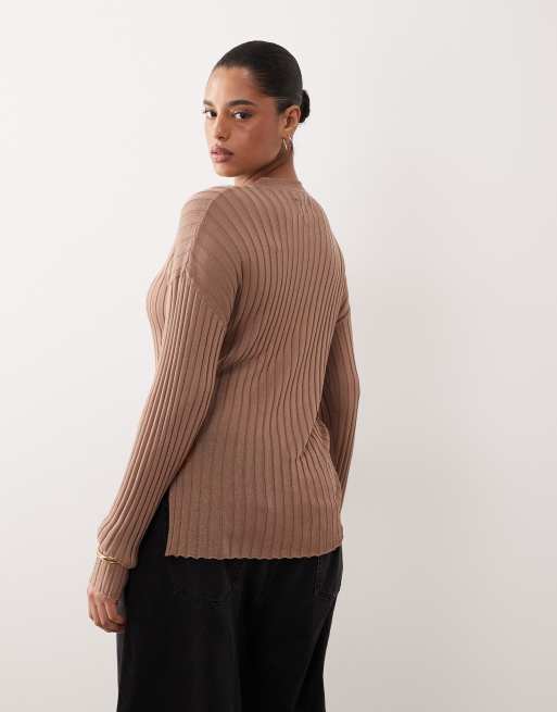 ARRANGE Curve fine rib long sleeve knit top in mocha, 4 of 4