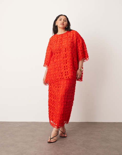 ARRANGE Curve floral cutwork applique oversized t-shirt and column midi skirt in red - view 1