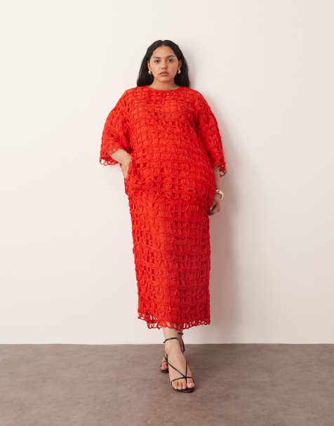 ARRANGE Curve floral cutwork column midi skirt in red - part of a set - view 1