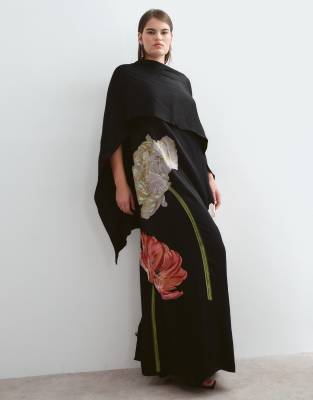 Arrange Curve Floral Embroidered Satin Overlay Maxi Dress In Black