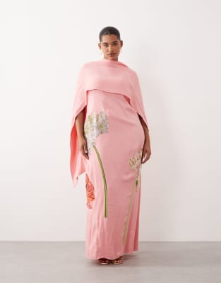 Arrange Curve Floral Embroidered Satin Overlay Maxi Dress In Pink