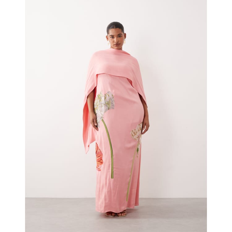ARRANGE Curve floral embroidered satin overlay maxi dress in pink | ASOS