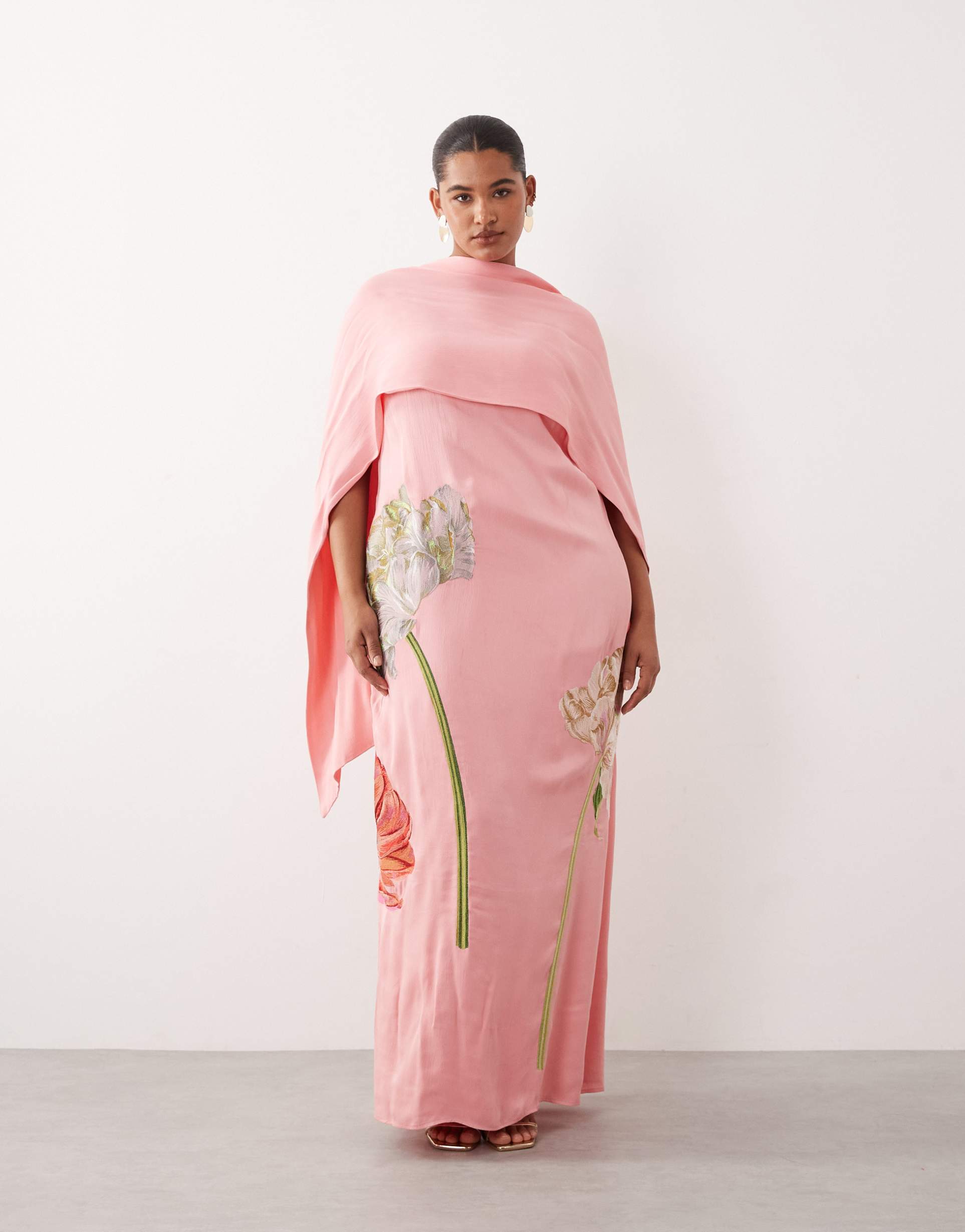 arrange curve floral embroidered satin overlay maxi dress in pink