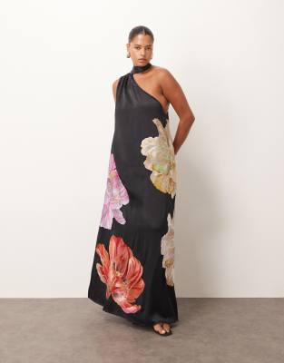 Arrange Curve Floral Embroidered Scarf Neck One Shoulder Maxi Dress In Black