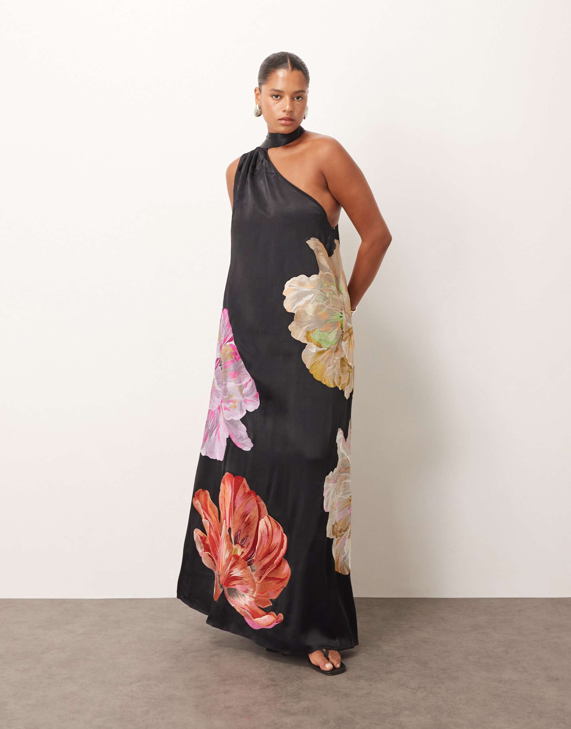 arrange curve floral embroidered scarf neck one shoulder maxi dress in black