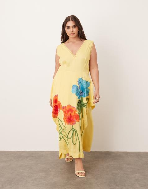ARRANGE Curve floral embroidered sleeveless midaxi dress with side splits in yellow - view 1
