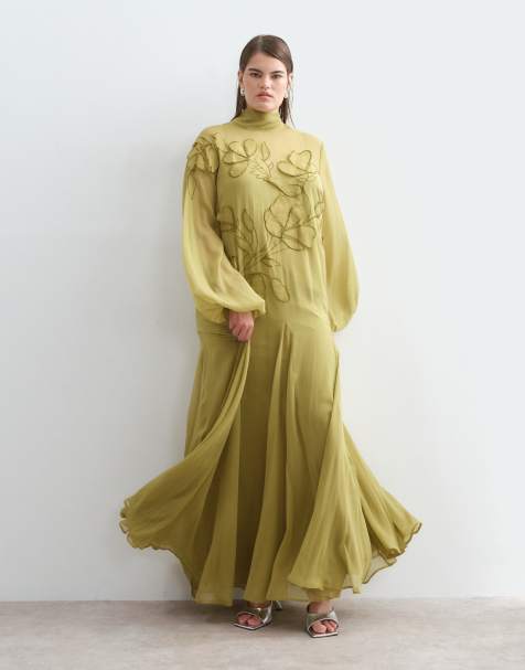ARRANGE Curve floral embroidered tie neck blouson sleeve trapeze maxi dress in lime - view 1