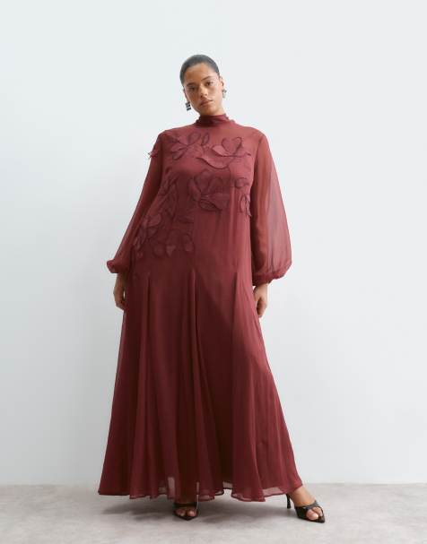 ARRANGE Curve floral embroidered tie neck blouson sleeve trapeze maxi dress in wine - view 1