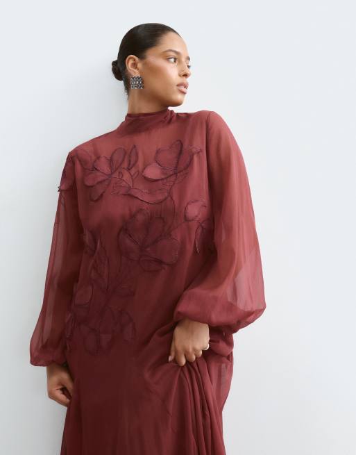ARRANGE Curve floral embroidered tie neck blouson sleeve trapeze maxi dress in wine, 2 of 5