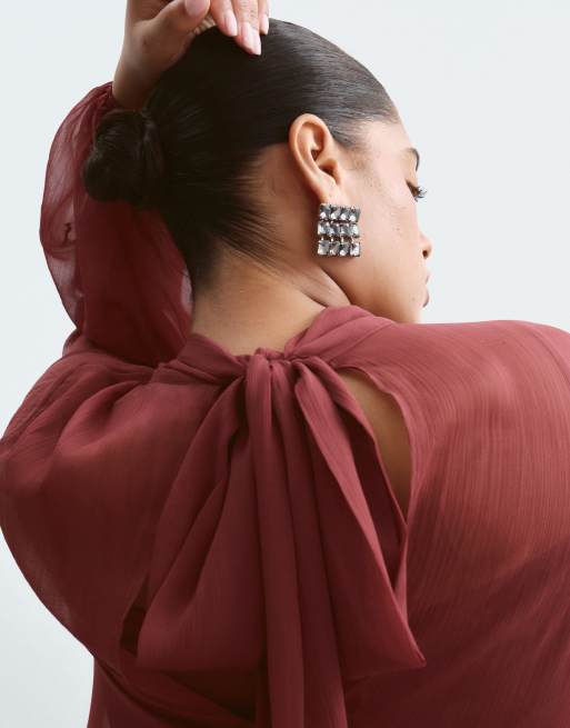 ARRANGE Curve floral embroidered tie neck blouson sleeve trapeze maxi dress in wine, 3 of 5