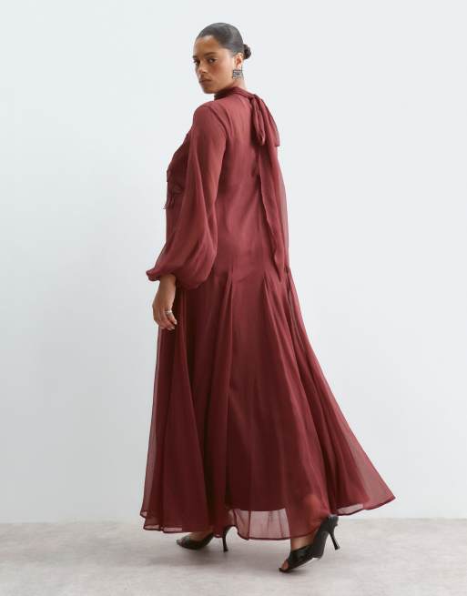 ARRANGE Curve floral embroidered tie neck blouson sleeve trapeze maxi dress in wine, 4 of 5