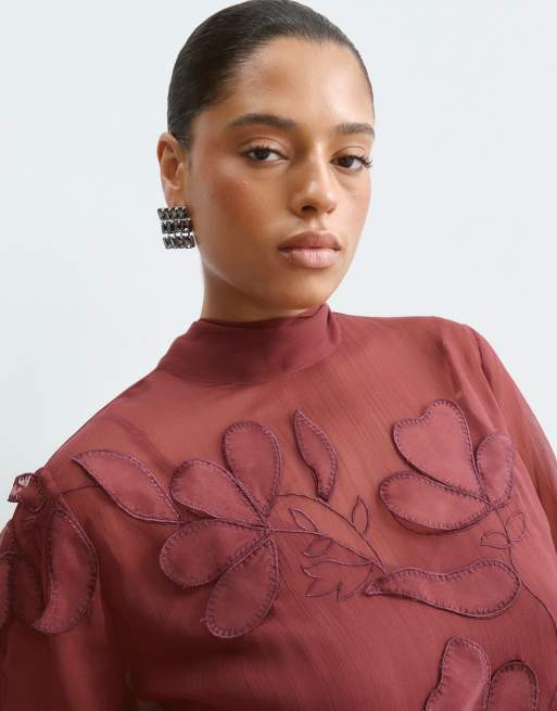 ARRANGE Curve floral embroidered tie neck blouson sleeve trapeze maxi dress in wine, 5 of 5