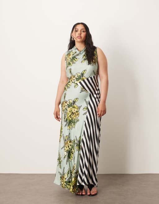 ARRANGE Curve floral print and stripes sleeveless cowl neck maxi dress