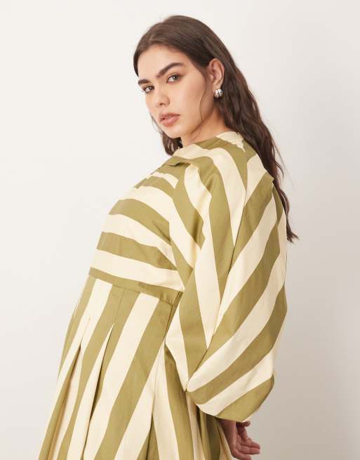 ARRANGE Curve full midi dress with pleat detail in olive stripe, 3 of 4