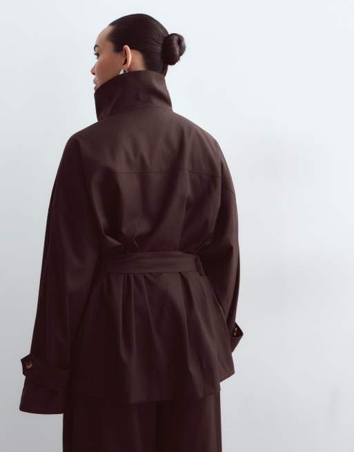ARRANGE Curve funnel neck belted jacket co-ord in chocolate, 4 of 5