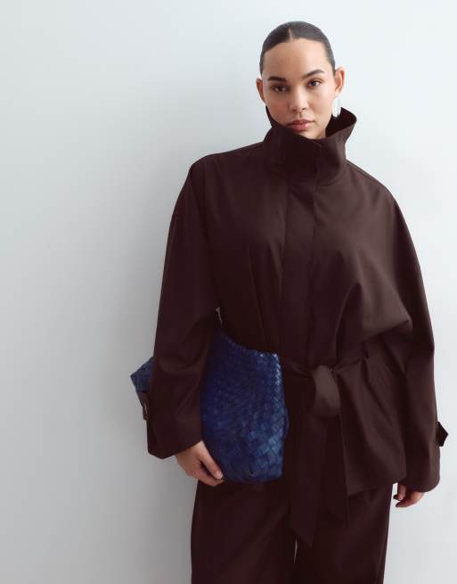 ARRANGE Curve funnel neck belted jacket co-ord in chocolate, 5 of 5