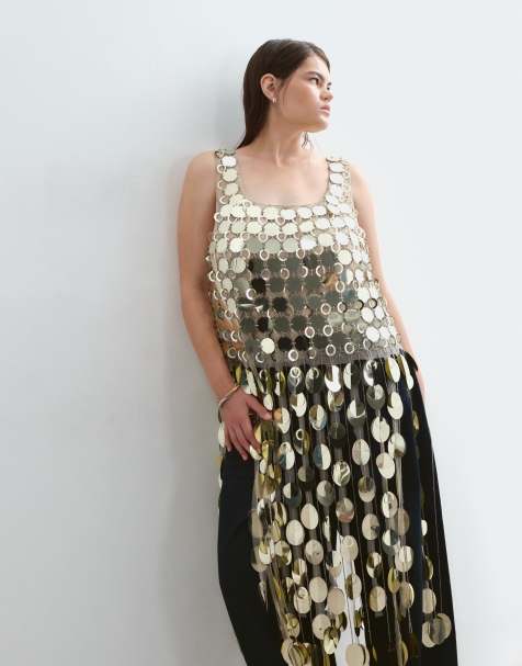 ARRANGE Curve futurist sequin crop top with long 3D fringe hem in gold - view 1