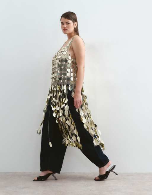 ARRANGE Curve futurist sequin crop top with long 3D fringe hem in gold, 2 of 5