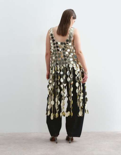 ARRANGE Curve futurist sequin crop top with long 3D fringe hem in gold, 3 of 5