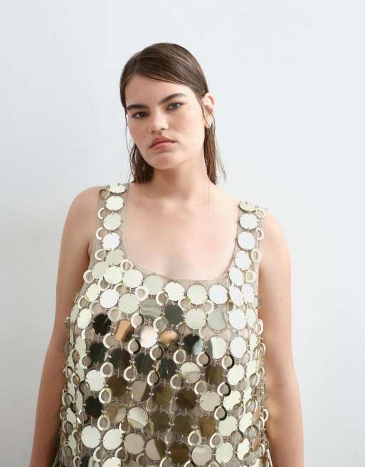ARRANGE Curve futurist sequin crop top with long 3D fringe hem in gold, 4 of 5