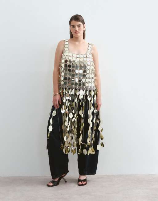 ARRANGE Curve futurist sequin crop top with long 3D fringe hem in gold, 5 of 5