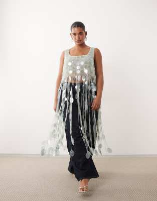 Curve futurist sequin crop top with long 3D fringe hem in icy blue