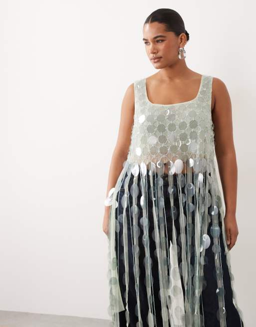ARRANGE Curve futurist sequin crop top with long 3D fringe hem in icy blue, 2 of 4