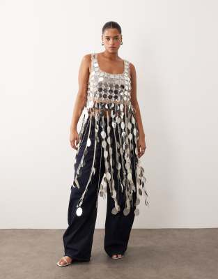 Arrange Curve Futurist Sequin Crop Top With Long 3d Fringe Hem In Metallic