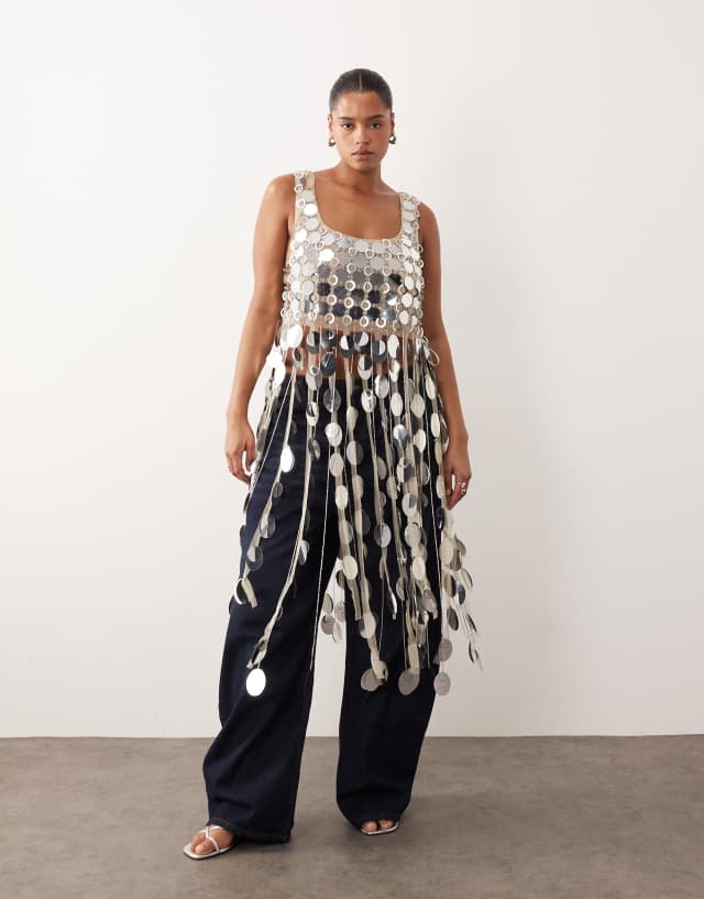 ARRANGE Curve futurist sequin crop top with long 3D fringe hem in