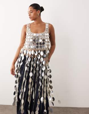 Arrange Curve Futurist Sequin Crop Top With Long 3d Fringe Hem In Metallic