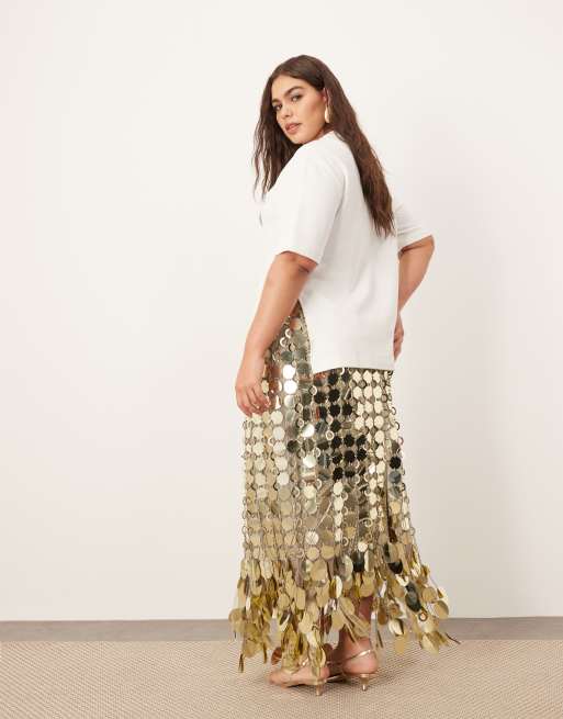 ARRANGE Curve futurist sequin embellished fringe hem midi skirt in gold
