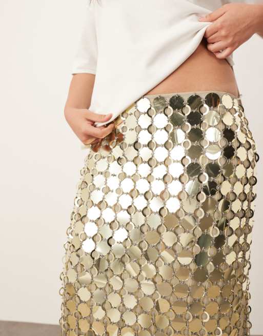 ARRANGE Curve futurist sequin embellished fringe hem midi skirt in gold