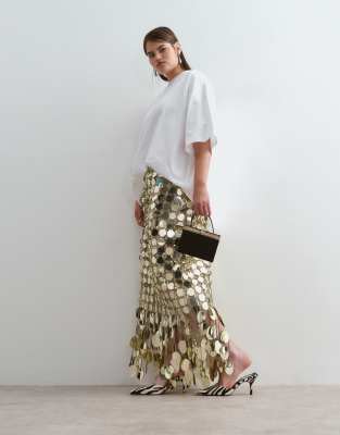 Arrange Curve Futurist Sequin Fringe Hem Midi Skirt In Gold